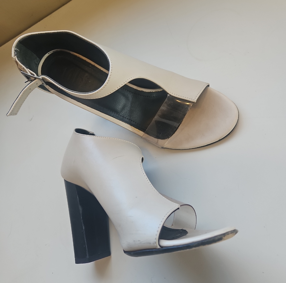 Tibi Sz6 Asymetrical Cream and Black Open-Toe Heels